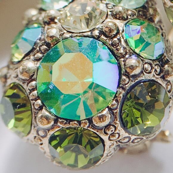 VTG Signed Joan Rivers Green Aurora Borealis Flower Brooch Gold Tone Sparkling - Picture 7 of 14